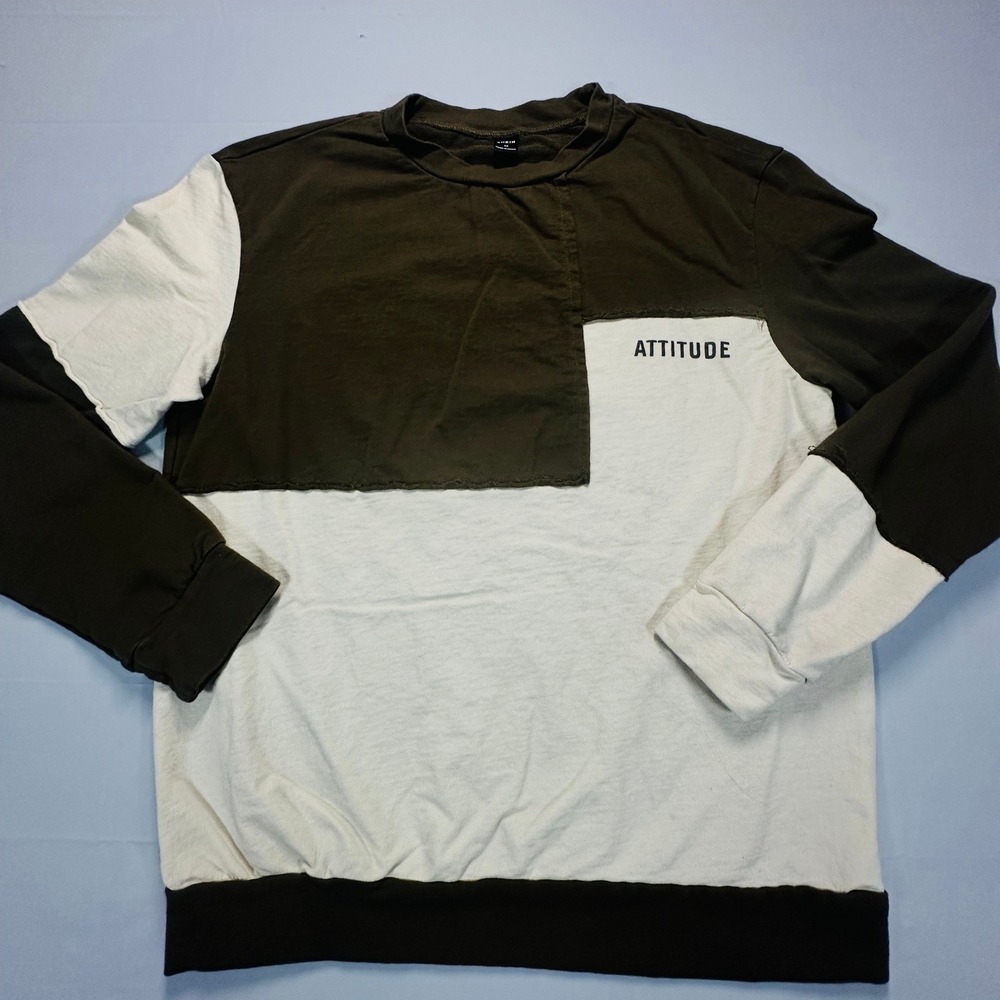 Shein Attitude Colorblock Sweatshirt Mens Medium Olive Green Cream Cotton 0264